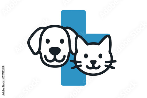 Vector icon illustration of dog and cat heads with blue medical cross behind, pet shop, veterinary care, animal shelter, pet health, pet medical services, pet care concept