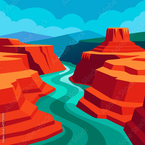 Grand Canyon panorama, winding turquoise river, towering red rock formations, steep canyon walls vector landscape background.
