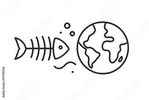 Minimal vector thin line icon of fishbone dead fish spine and Earth globe symbolizing ocean health, environmental preservation, water pollution, marine conservation, ecosystem protection design