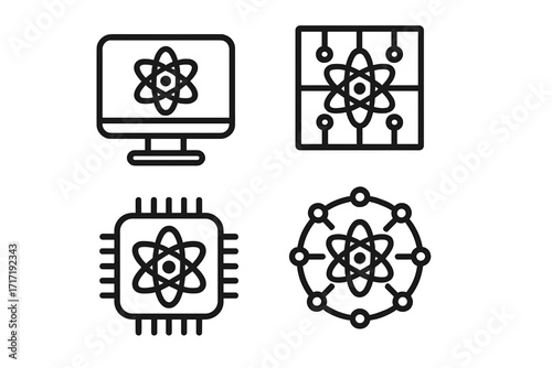 Quantum computing icons minimalist technology symbols with atom and circuit elements, vector illustration set for innovation, science, tech design, transparent background