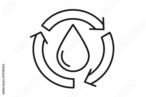 Water drop with circular recycling arrows icon, vector outline illustration for water conservation, sustainability, eco-friendly reuse, renewable resource cycle, environment protection symbol