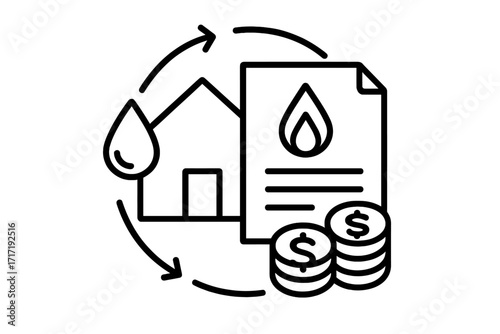 House gas payment concept with water drop, arrows, coins, gas bill icon. Utility bill payment, gas service invoice, home energy cost, finance and utilities symbol vector illustration