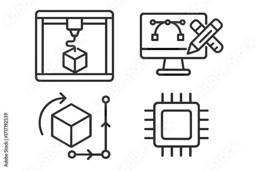 Minimalist linear icons set for 3D printing, design software, 3D modeling, and technology concepts. Vector cartoon illustration with transparent background, ordered technology icons collection.