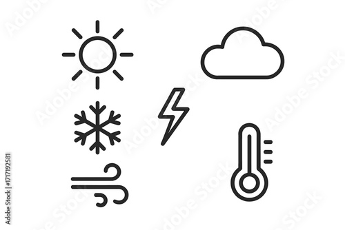 Simple linear weather icons set including sun, cloud, snowflake, lightning, wind, and thermometer. Minimalist vector cartoon illustration with transparent background for climate and forecast designs