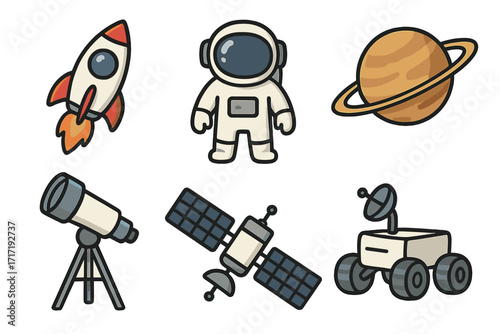 Space exploration icons vector set with rocket launching, astronaut in spacesuit, ringed planet, telescope on tripod, satellite, and rover vehicle cartoon illustrations on transparent background