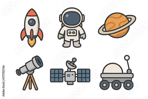 Space exploration icons set including rocket launch, astronaut in suit, ringed planet, telescope observation, satellite with solar panels, and lunar rover vehicle, cartoon vector
