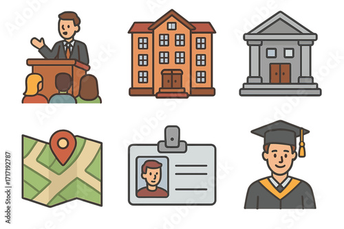 University icons set with lecture, dormitory, library, location map, student ID card, and alumni graduate. Colorful vector cartoon illustrations for education and campus life.
