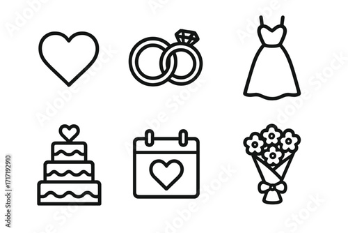 Wedding icons set with heart, rings, dress, cake, calendar, bouquet. Simple black line art vector illustration. Romantic marriage symbols collection with transparent background.