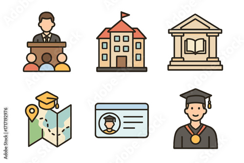 University icons set with lecture, dormitory, library, map with graduation cap, student ID card, and alumni graduate in cartoon style with transparent background, education symbols collection