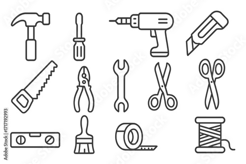 Minimalist linear tool icons set for DIY and craft projects, vector cartoon illustration with transparent background, hand tools for home repair and creative crafts