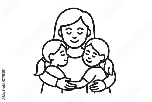 Loving mother hugging her two daughters gentle embrace family bond happy mothers day vector thin line icon illustration transparent background