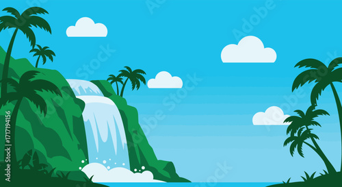 Tropical paradise scene featuring a waterfall palm trees and blue skies
