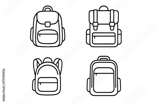 Backpack and schoolbag thin line icon set. Vector collection of rucksack, knapsack and haversack symbols. Editable stroke for travel, hiking, and education concepts.