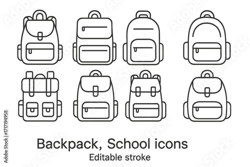 Backpack and schoolbag line icon collection. Rucksack, knapsack, and travel bag outline set. Simple linear vector illustration with editable stroke. For web, apps, ui, ux.