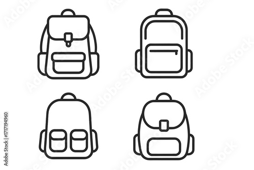 Backpack & schoolbag line icon set. Vector outline graphic of rucksack for travel, school, hiking. Simple luggage pictogram collection for web, app. Editable stroke.
