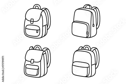 Backpack schoolbag thin line icon set. Vector outline rucksack illustration. Concept for education, travel, hiking, camping. Back to school supplies. Editable stroke graphic.