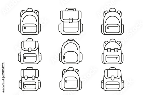 Backpack schoolbag line icon set. Rucksack, knapsack, & satchel outline collection. Simple vector illustration for school, travel, hiking. Editable stroke for web & app UI.