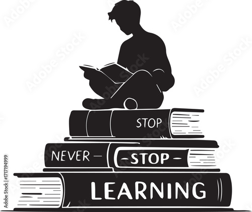 Never Stop Learning: A silhouette of a person engrossed in a book, perched atop a stack of knowledge, and inspiring endless growth.