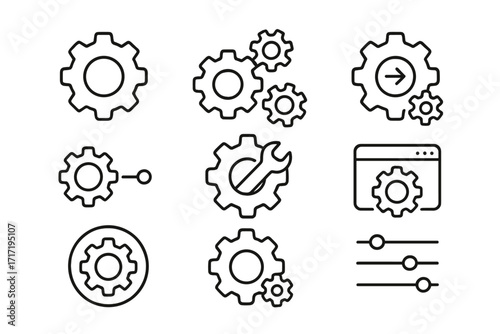 Settings and mechanism line icon set. Gear, cogwheel, and options symbols for web design, UI, UX, and app development. Editable stroke vector for setup, process, and repair.