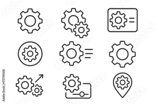 Gear and cog line icon set for settings and configuration. Vector symbols for web UI, app development, and mechanism concepts. Editable stroke for custom design.