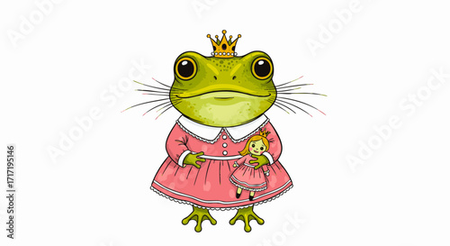 Charming Frog Princess in a Pink Dress Holding a Doll, Adorned with a Golden Crown