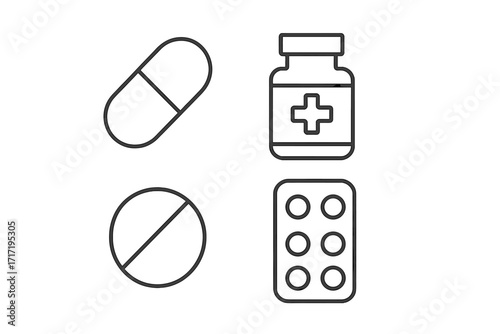 Medical icon set. Pharmacy and healthcare line icons. Collection of simple pictograms. Pill, capsule, tablet, drug bottle, and blister pack. Medicine and treatment symbols.
