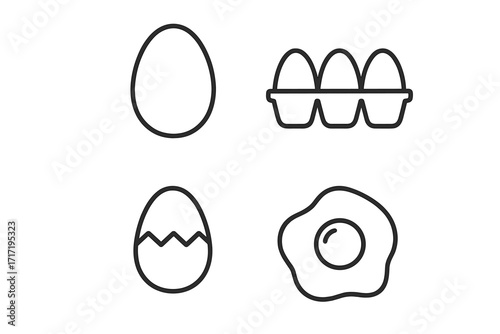 Egg line icon set for breakfast food concepts. Vector illustration of a fried egg, cracked shell, and eggs in a carton box. Simple food outline pictogram for cooking and recipes. Editable stroke.