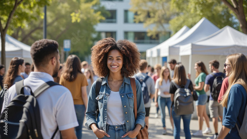 University Open Day Experience – Diverse Students Exploring Campus Information Fair with White Tents for College Recruitment, Spring Enrollment, and Educational Orientation Events
