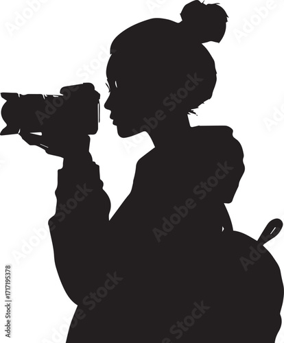 Silhouette Photographer Capturing the Moment: A sleek black silhouette of a photographer, engrossed in the art of capturing a moment with her camera.