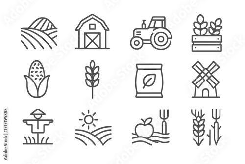 Agriculture and farming line icon set. Farm, harvest, field concepts. Vector outline icons of tractor, barn, windmill, wheat, corn, crop, scarecrow. Editable stroke symbols.