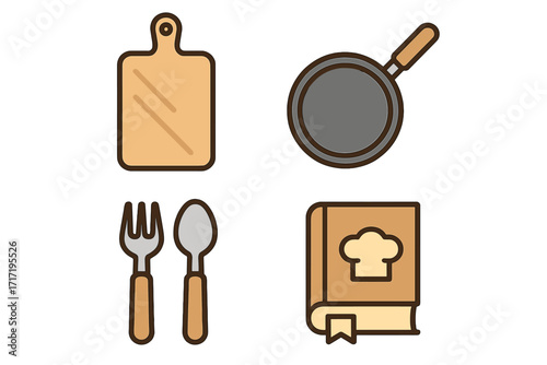 Kitchen cooking icon set. Vector symbols: cutting board, pan, cutlery, cookbook. For restaurant menu, recipe app, web design. Flat line art illustration collection.