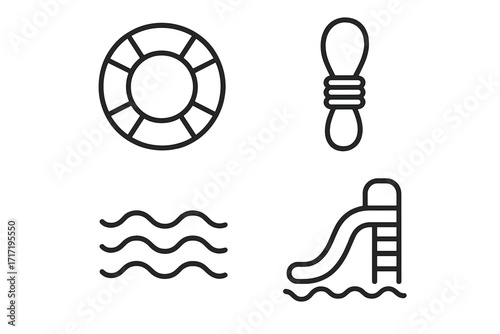 Water park and swimming pool thin line icon set. Lifeline, water slide, and sea wave icons. Summer vacation and aquatic safety vector graphics for web and apps.