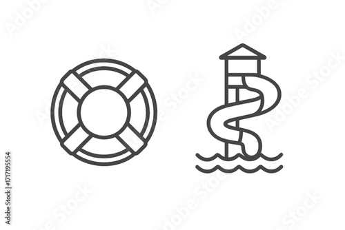 Water park line icon set with lifebuoy and water slide. Summer vacation, aquatic recreation symbols. Vector graphics for pool safety, travel, and leisure concepts. Editable stroke.