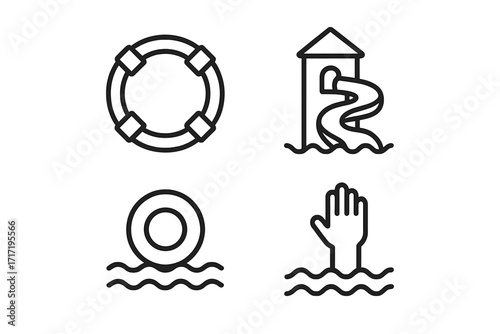 Water safety and recreation line icon set. Lifebuoy, water slide, floating ring, and drowning person concepts. Vector symbols for swimming pool, beach, rescue, help, and summer.