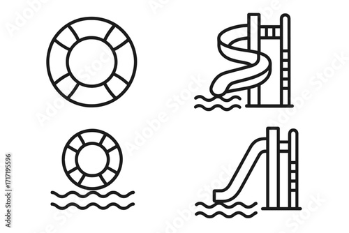 Water park line icon set. Lifebuoy and water slide icons for summer fun and safety. Aquapark recreation and swimming pool vacation elements. Simple vector outline graphic.