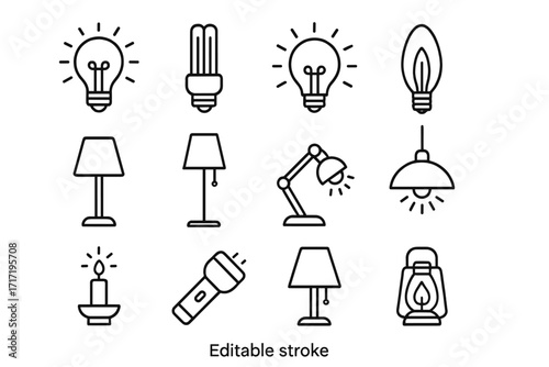 Light bulb and lamp line icon set. Editable stroke. Lightbulbs, lamps, idea, energy concept. Includes desk lamp, flashlight, candle, lantern. Thin vector icons for web.