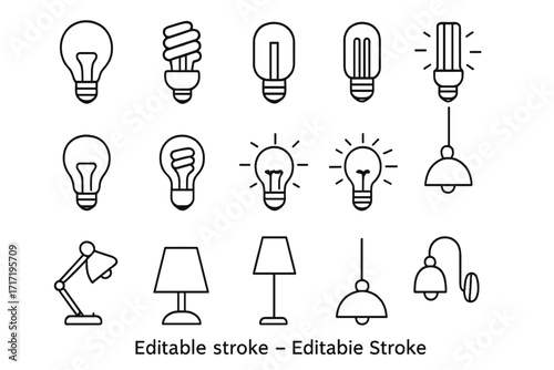 Lightbulb lamp thin line icon set. Editable stroke vector collection for idea, energy, electricity, solution, and innovation concepts. Includes LED and table lamps.
