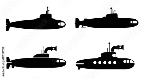 Submarine Silhouette Vector Icon Set with Minimalist Naval Vessel Designs