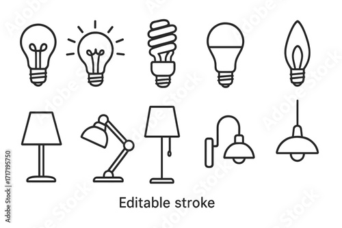 Lightbulb and lamp thin line icon set. Vector collection of lighting symbols. Incandescent, fluorescent, LED bulbs. Idea concept. Editable stroke for easy design.