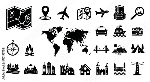 Minimalist Travel and Tourism Vector Icon Set with World Map and Landmark Glyphs