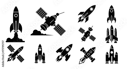 Rocket and Satellite Silhouette Vector Icon Set for Space Technology