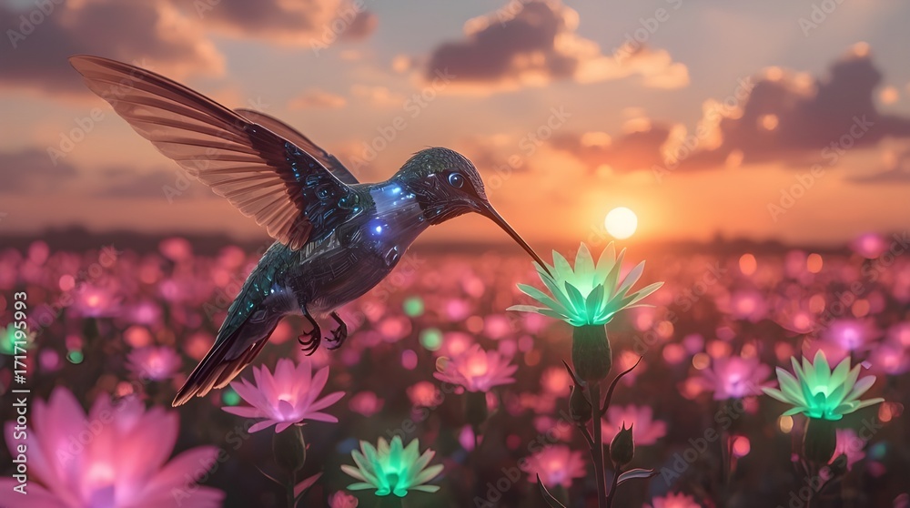 Obraz premium Hummingbird seeks nectar from glowing flower at vibrant sunset field landscape
