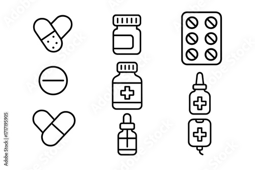 Medical treatment icon collection with pills, medicine bottles, tablets, capsules, liquid drops, IV bag, and healthcare symbols for cards, apps, websites vector design