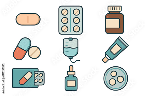 Medical and Treatment Icons Bundle. Simple outline vector illustrations of pills, capsules, medicine bottles, IV bag, ointment tube, dropper bottle for healthcare design, apps, web, and posts.