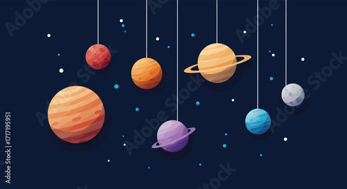 Hanging celestial bodies planets and stars against a dark navy background