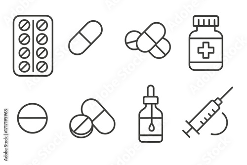 Simple Linear Medical and Treatment Icons. Vector Illustration of Pills, Capsules, Medicine Bottles, Syringe, and Droppers for Healthcare, Pharmacy, Medication, and Wellness Design