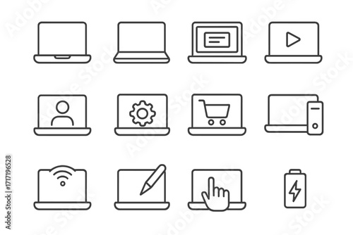 Notebook laptop thin line icons set, editable stroke vector illustration for web, apps, books, cards, technology, user interface, digital device icons, vector cartoon