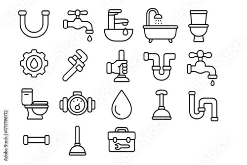 Plumbing and Bathroom Faucet Icon Bundle with Thin Editable Stroke Lines for Web, Apps, Cards, and Books, Vector Cartoon Illustration of Toilet, Sink, Bathtub, Pipes, and Tools