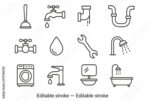 Plumbing and bathroom vector icons outline set, simple linear faucet, shower, pipe, wrench, tap, washing machine, sink, water drop, editable stroke for web, apps, cards, books