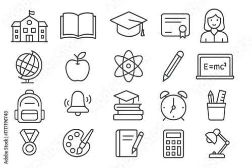 School education icons set with student, book, university, diploma, globe, apple, graduation cap, pencil, science, clock, and study tools. Editable stroke vector for web, apps, cards.